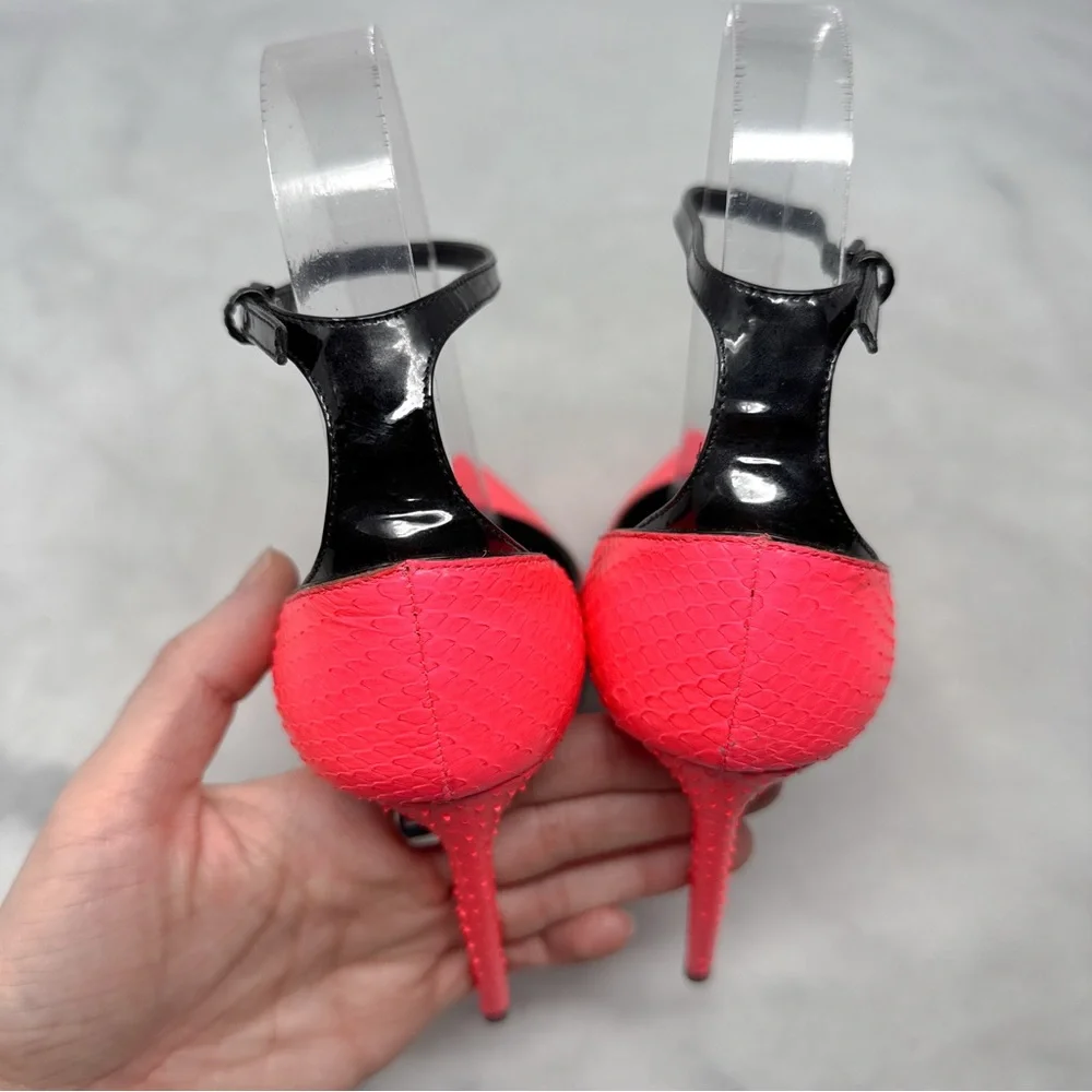 Saint Laurent Zoe 105 Ankle Strap Leather Snakeskin Pointed Toe Pump Heels Neon - Picture 7 of 16